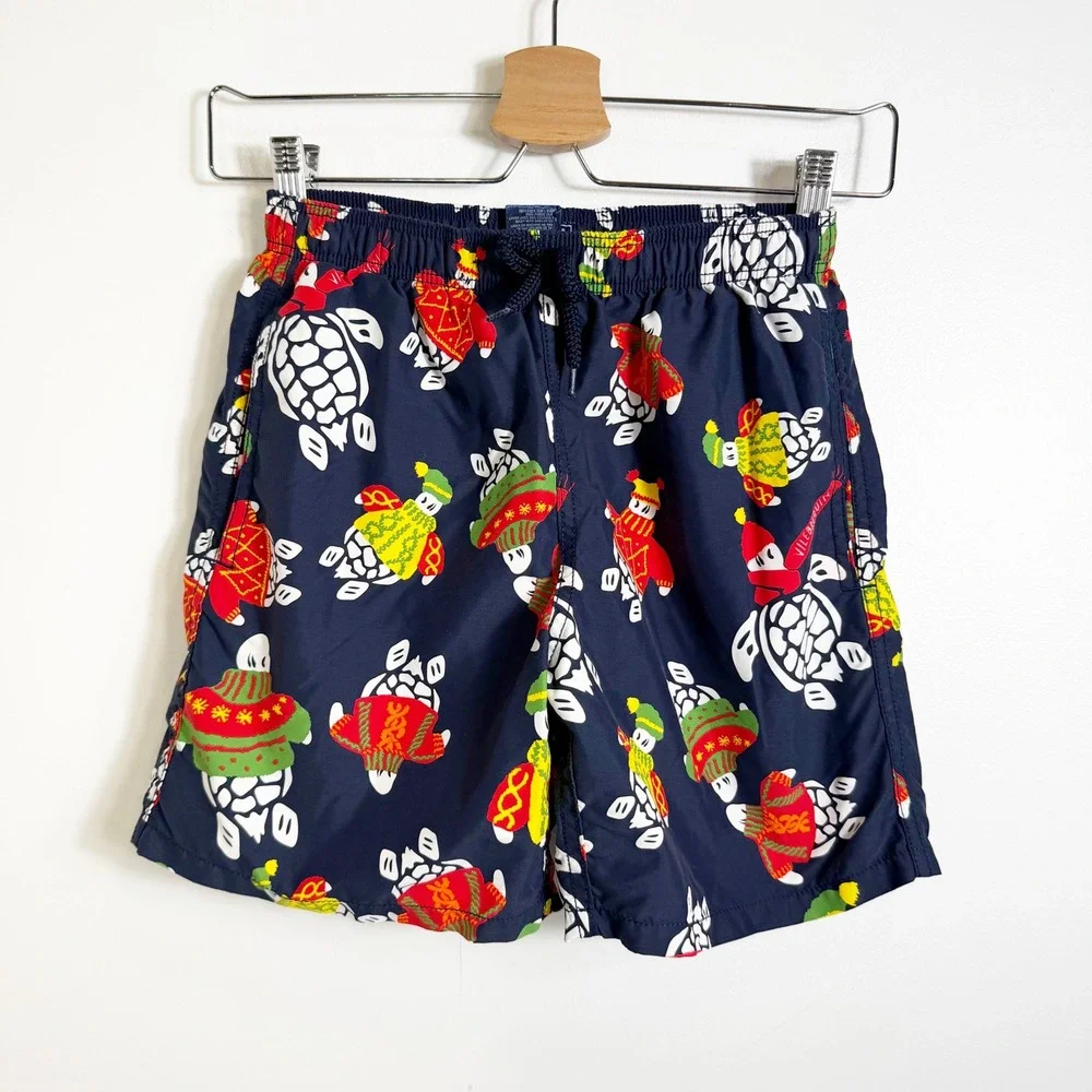 Vilebrequin Swim Trunks Boys 14 Navy Blue Turtle Holiday Sweater Print